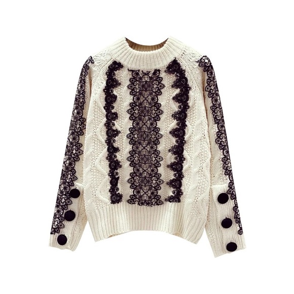 Chunky lace knit sweater button cream beige black lace long sleeve winter - Picture 4 of 5